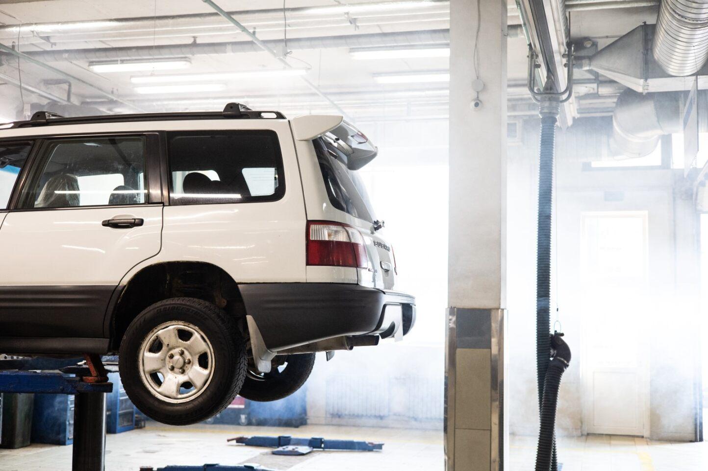A car in a garage.